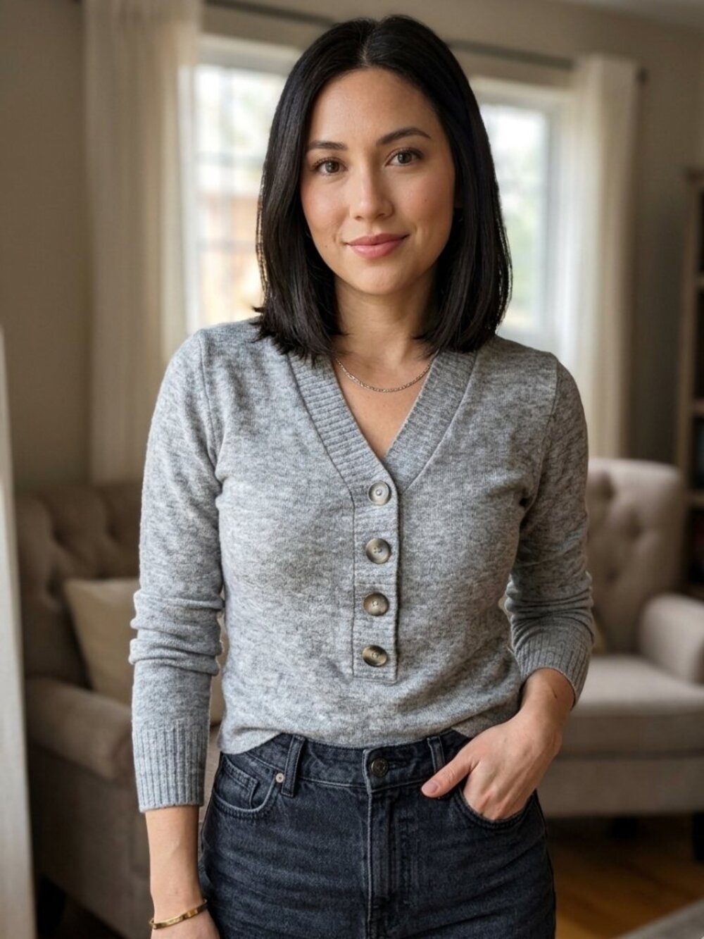 ZARA Grey Knit Henly V-Neck Pullover Sweater
